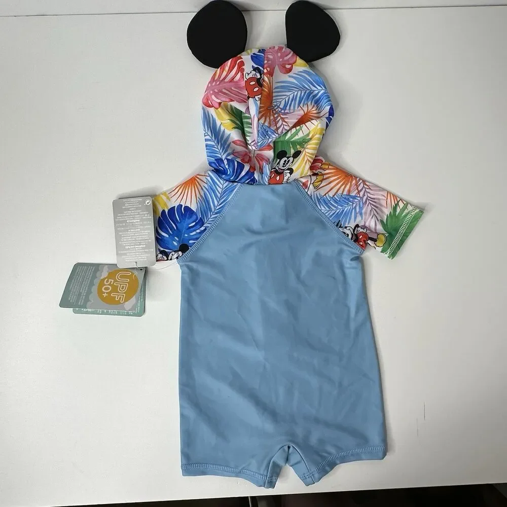Disney Baby Mickey Mouse Hooded One Piece Tropical Swimsuit 3‑6M UPF 50+‎ NEW